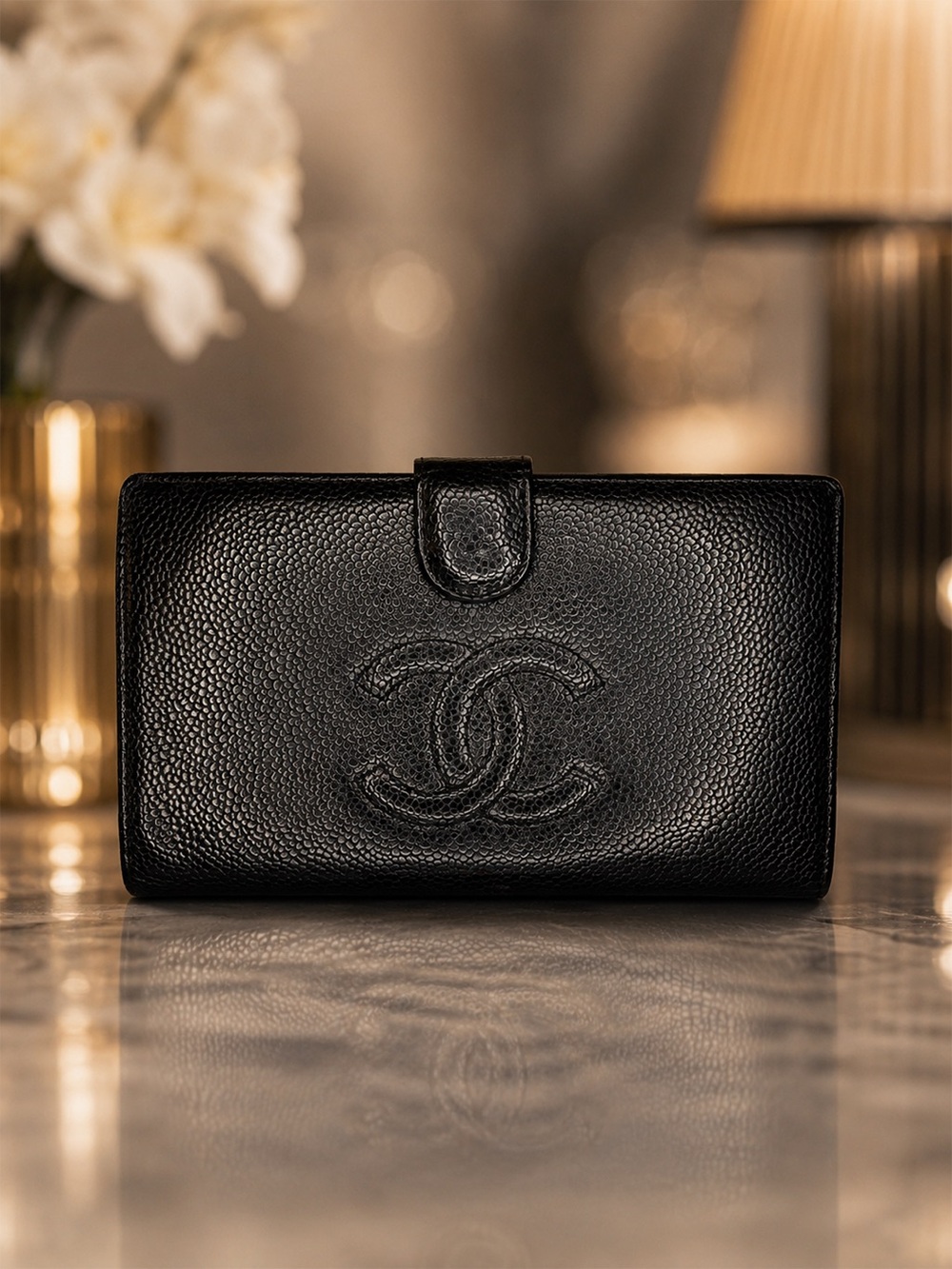 Chanel Black Caviar Leather Long Wallet CC Logo w Gold  | Full Inclusion | Halo